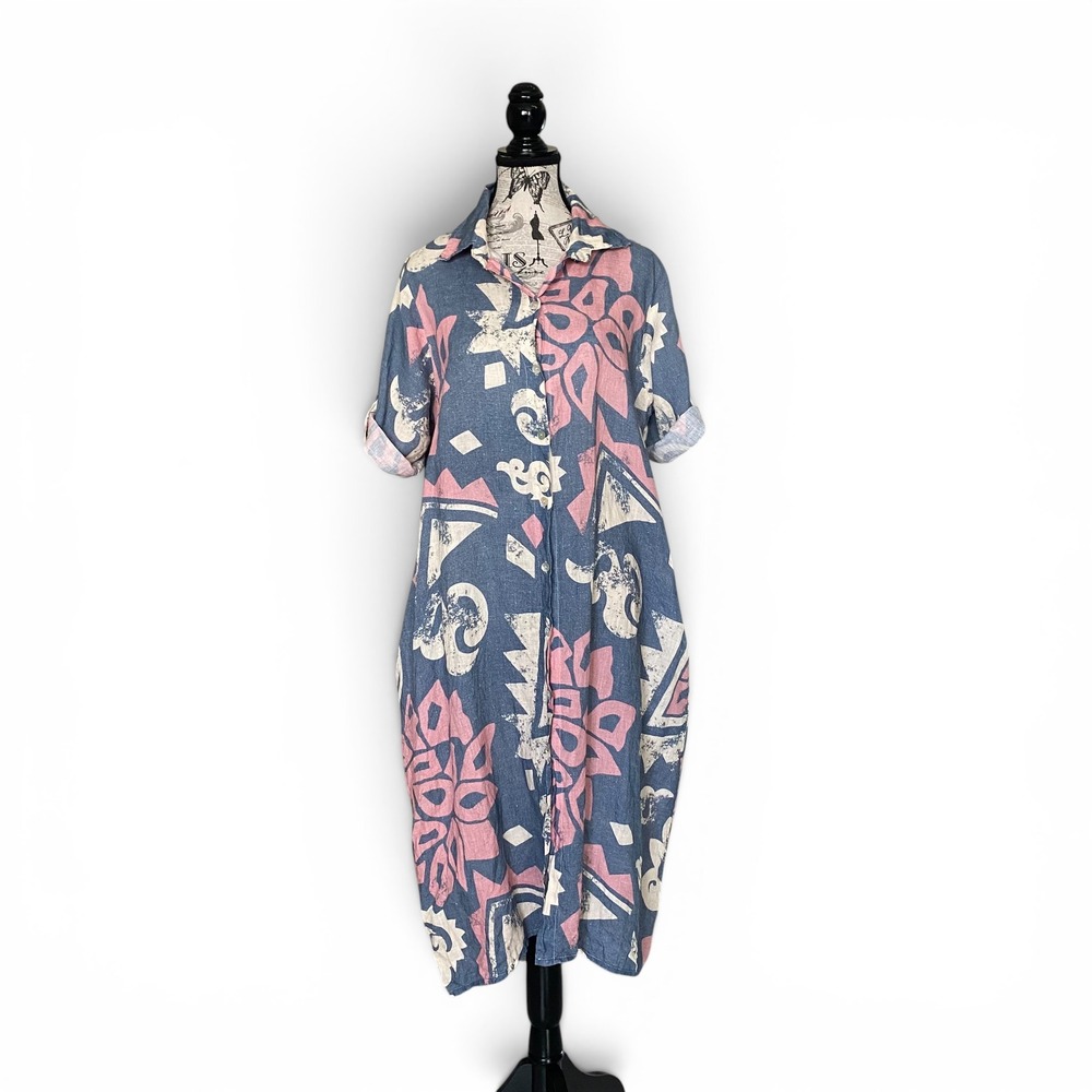 Puro Lino Shirt Dress Womens One Size Blue Pink Abstract 100% Linen Italy